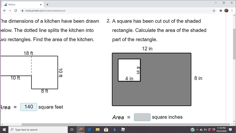 a square has been cut out of the shaded rectangle. calculate the area of the shaded-example-1