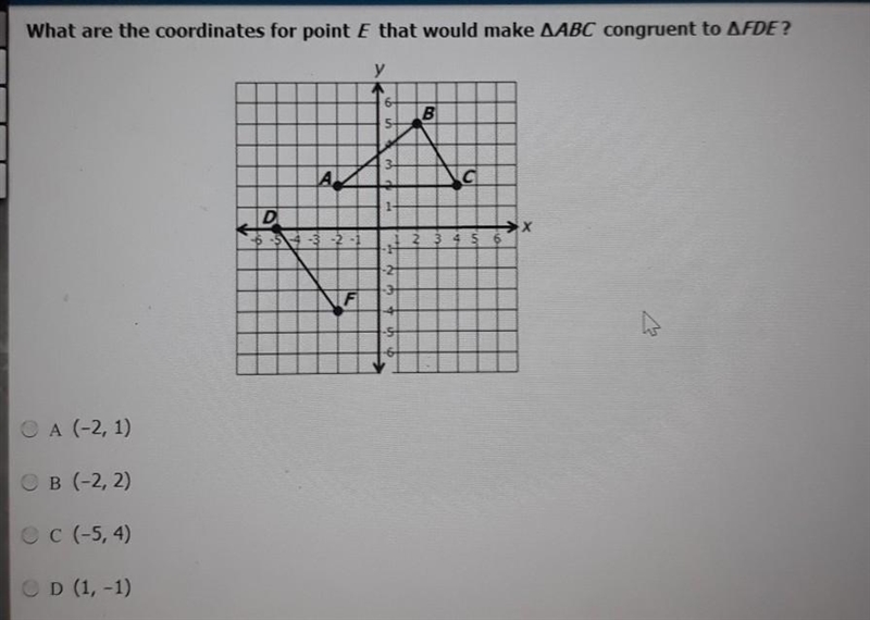 What are the coordinates for point E that would make ABC congruent to FDE? Please-example-1