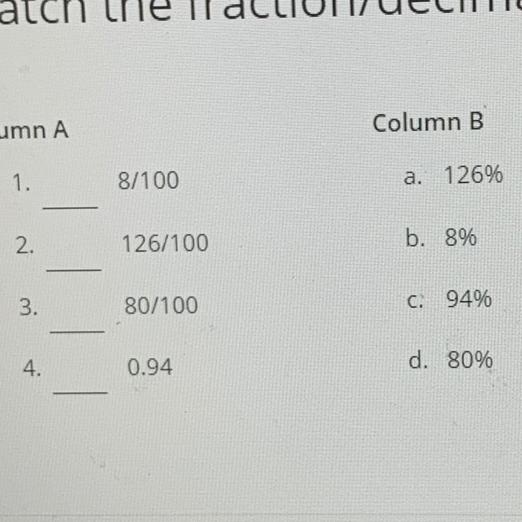 Match the fraction/decimal with the percentage MARKING BRIANIEST!-example-1