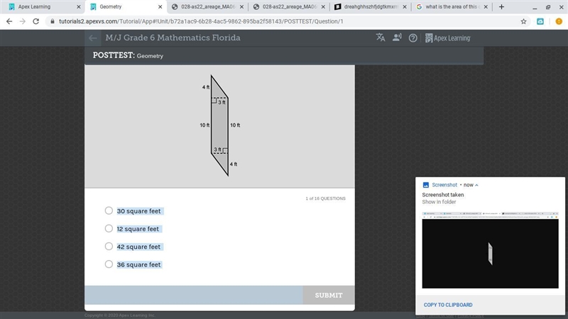 What is the area of this quadrilateral 30 square feet 12 square feet 42 square feet-example-1