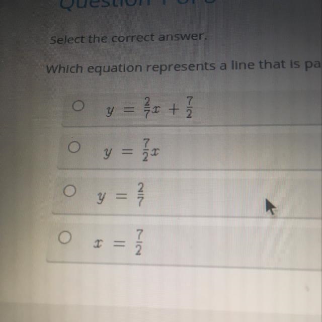 Which equation represents a line that is parallel to the y axis, is perpendicular-example-1