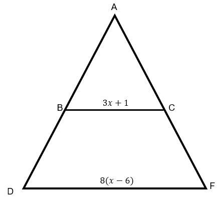 (NEED DONE QUICK) Triangle ABC has a midsegment at DF and segment DF is parallel to-example-1