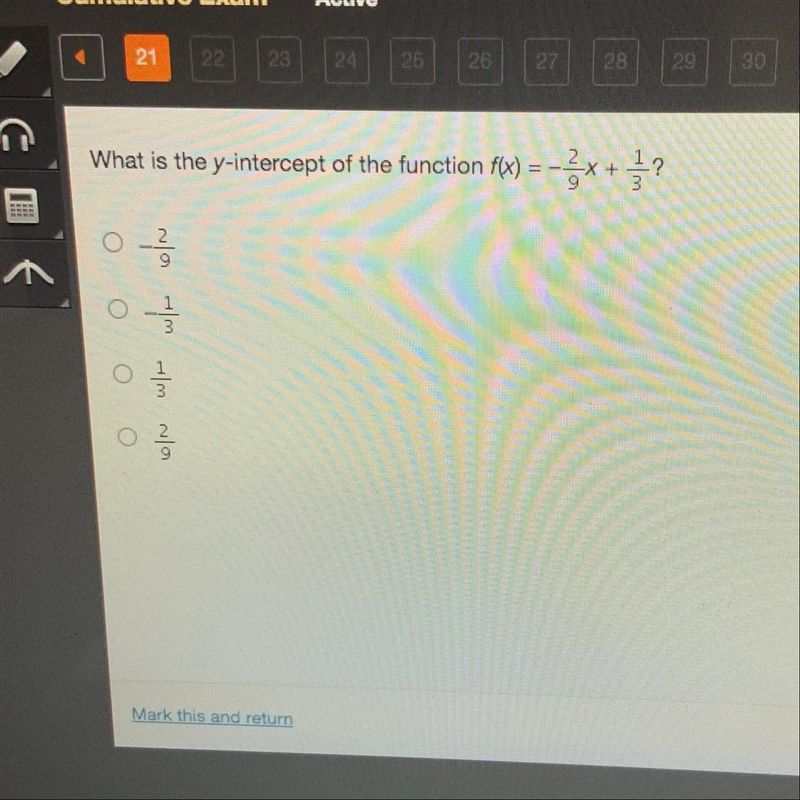 What is the y-intercept of the function f(x) = -2/9x + 1/3x?-example-1