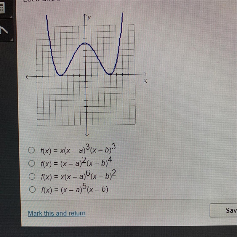 X O f(x) = x(x – a)(x - b)3 O f(x) = (x - a)2(x – b)4 O f(x) = x(x – a) (x – b)2 O-example-1