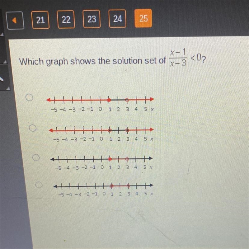 Which graph shows the solution set of X-1/x-3 < 0?-example-1