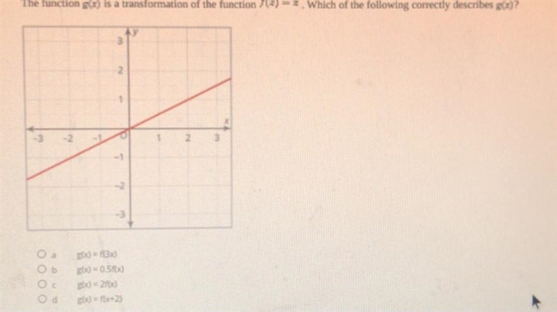 The function g(x) is a transformation of the function f(x) = ? . Which of the following-example-1