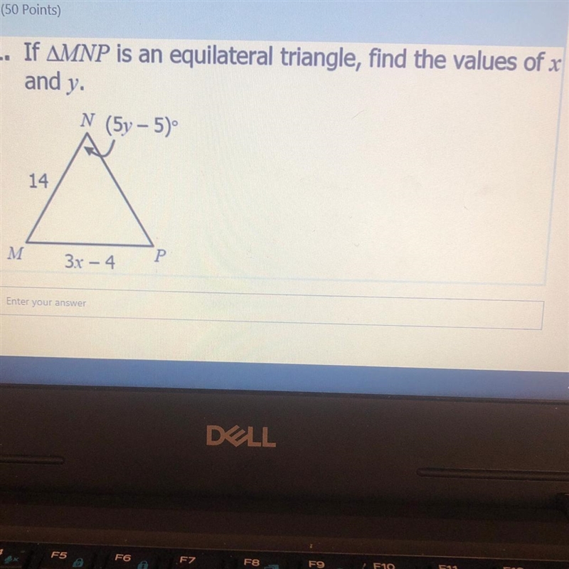 PLEASE HELP ,,,,1. If AMNP is an equilateral triangle, find the values of x and y-example-1