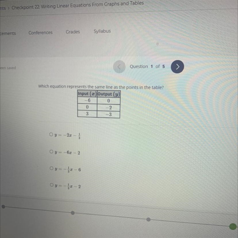 Which equation represents the same line as the points in the table-example-1