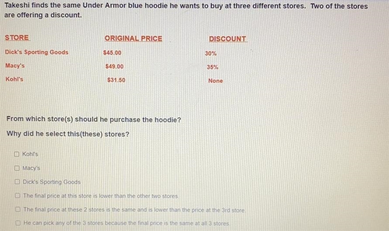 Takeshi finds the same Under Armor blue hoodie he wants to buy at three different-example-1