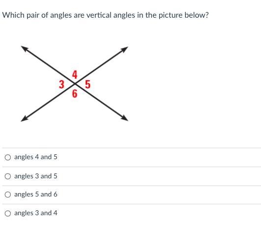 EASY MATH QUESTION HELP! Which pair of angles are vertical angles in the picture below-example-1