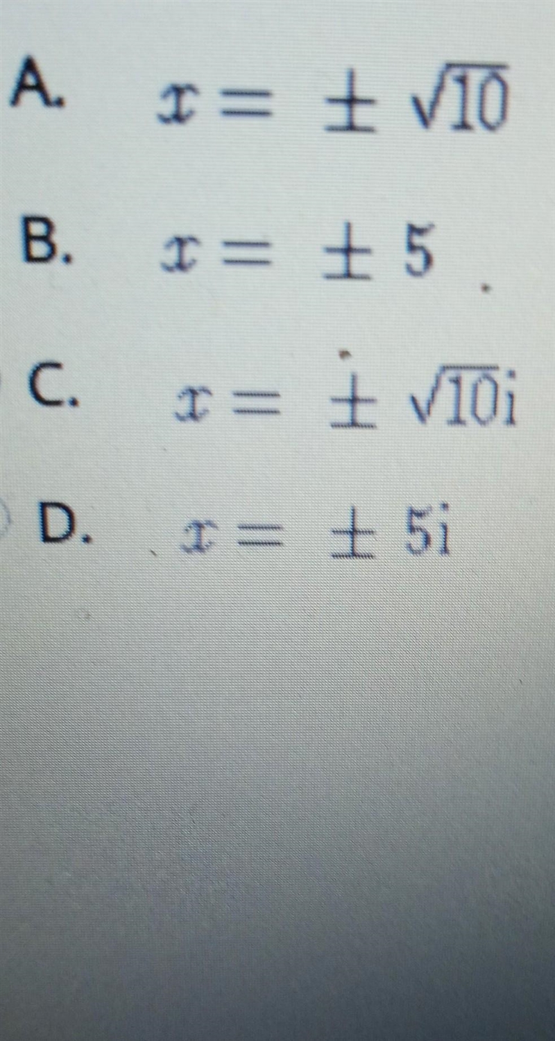 What are the solutions to this quadratic equation? x^2+10=0 ​-example-1