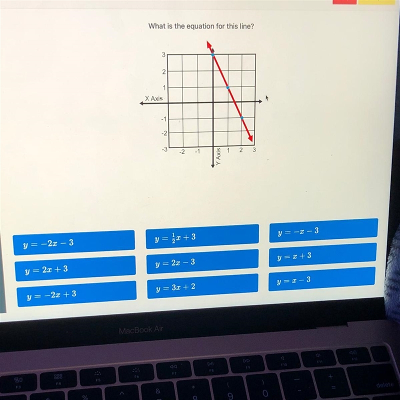 What is the equation for this line? 3 2 1 X Axis - 1 -2 -3 -2 -1 1 3 Y Axis y = -22 – 3 y-example-1