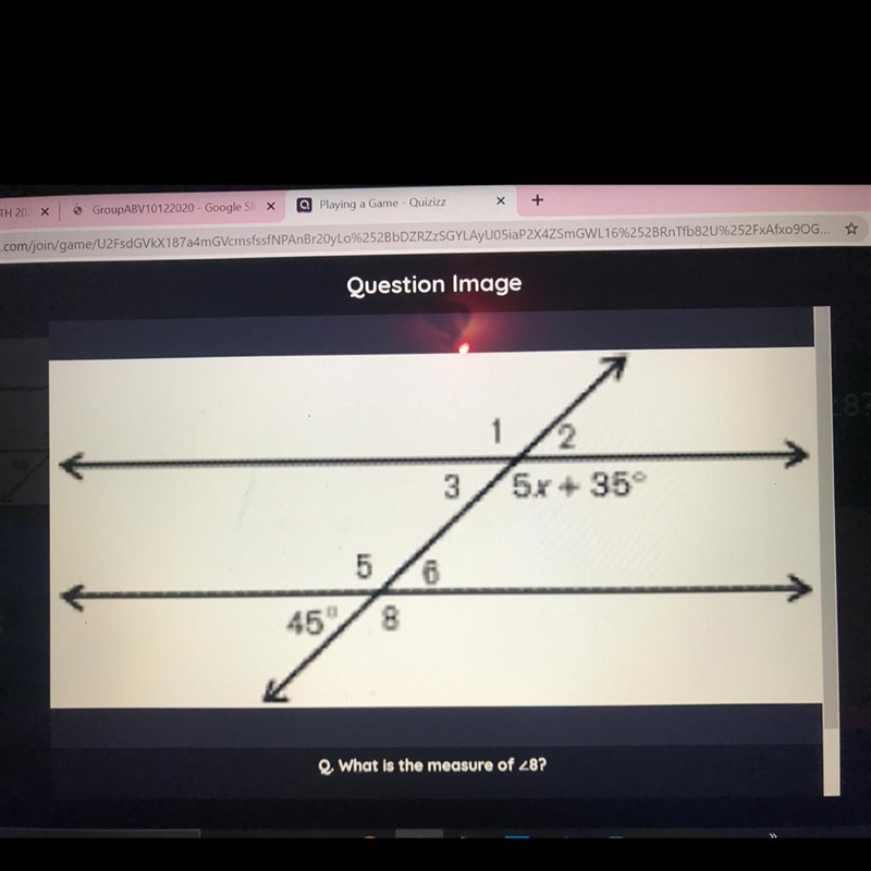 Q: What is the measure of <8? A)45 B)55 C)155 D)135 Please needed help asap!-example-1