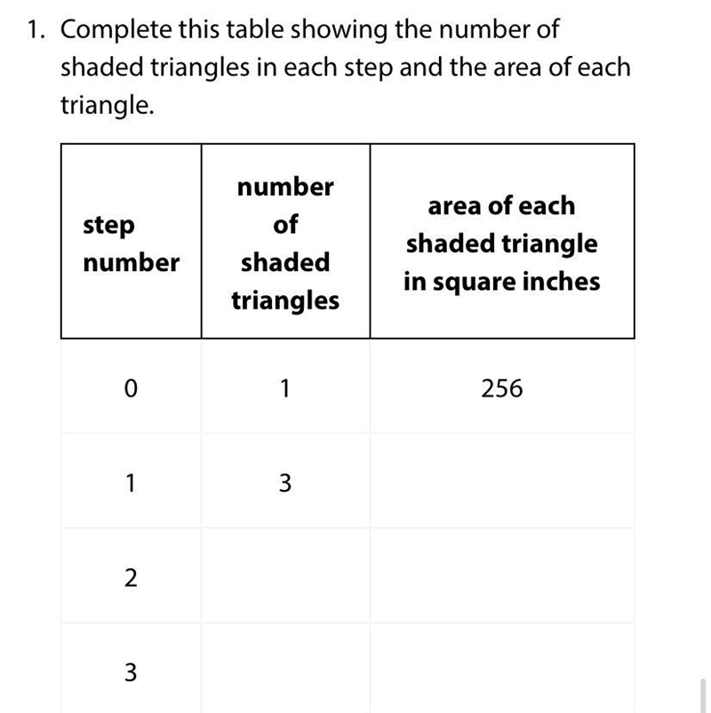 Complete this table showing the number of shaded triangles in each step and area of-example-1