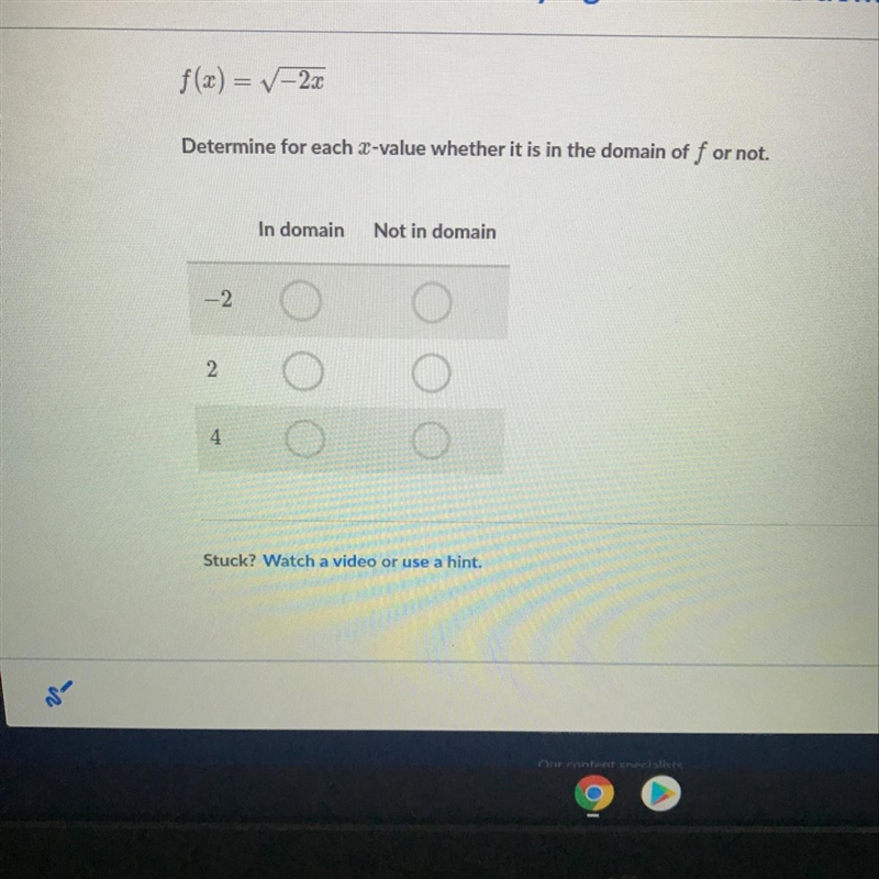 Determine for each X-value whether it is in the domain of f or not. In domain Not-example-1