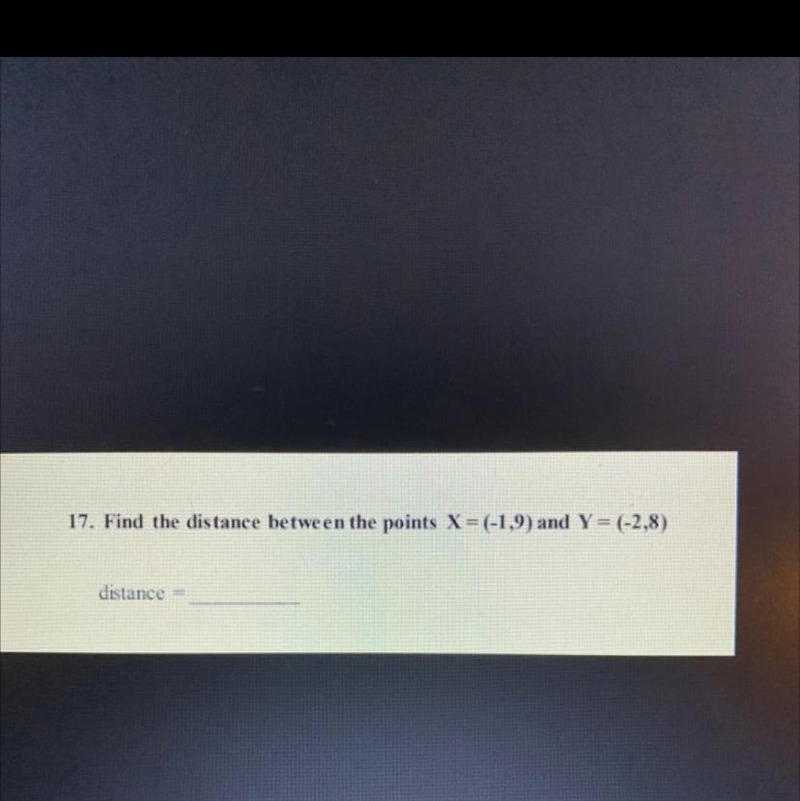 Find the distance between the point x = (-1,9) and y = (-2,8)-example-1