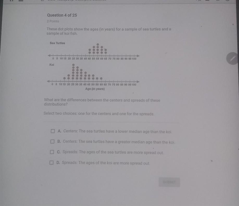 These dot plots show the ages in years for sample of sea turtles and sample of koi-example-1