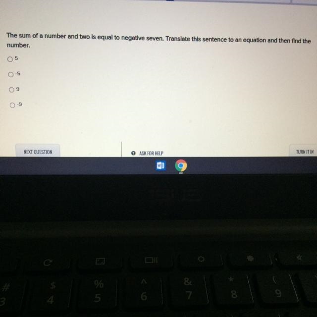 The sum of a number and two equal to negative seven. Translate this sentence to an-example-1