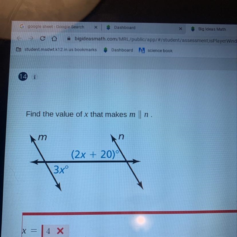 Find the value of x that makes m m n (2x + 20) (32°-example-1