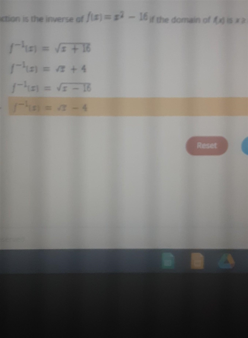 Which function is the inverse of f(x)=x²-16 if the domain is f(x)>0?​-example-1