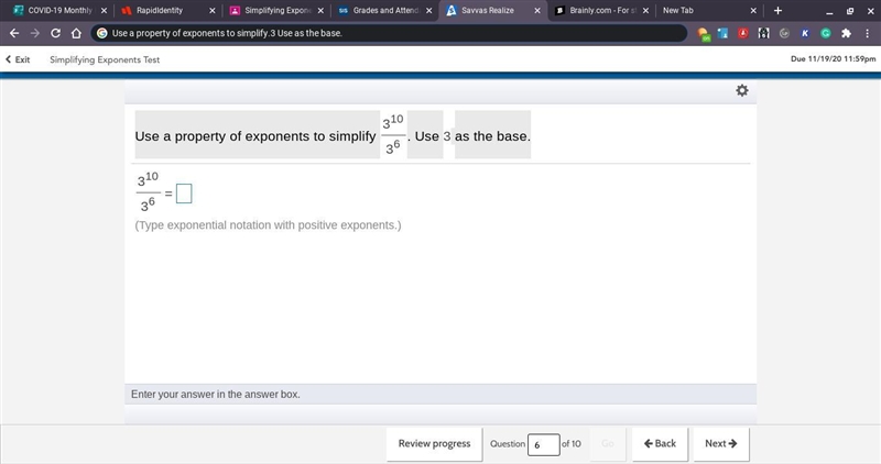 Use a property of exponents to simplify. 3Use as the base.-example-1