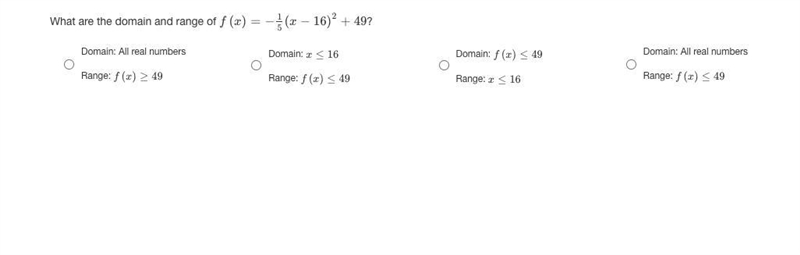 What are the domain and range of f(x)=−1/5(x−16)2+49?-example-1