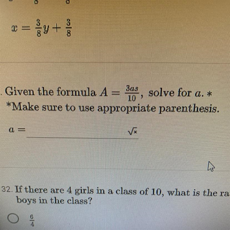 Please help, it says A = 3as over 10 and to solve for a.-example-1