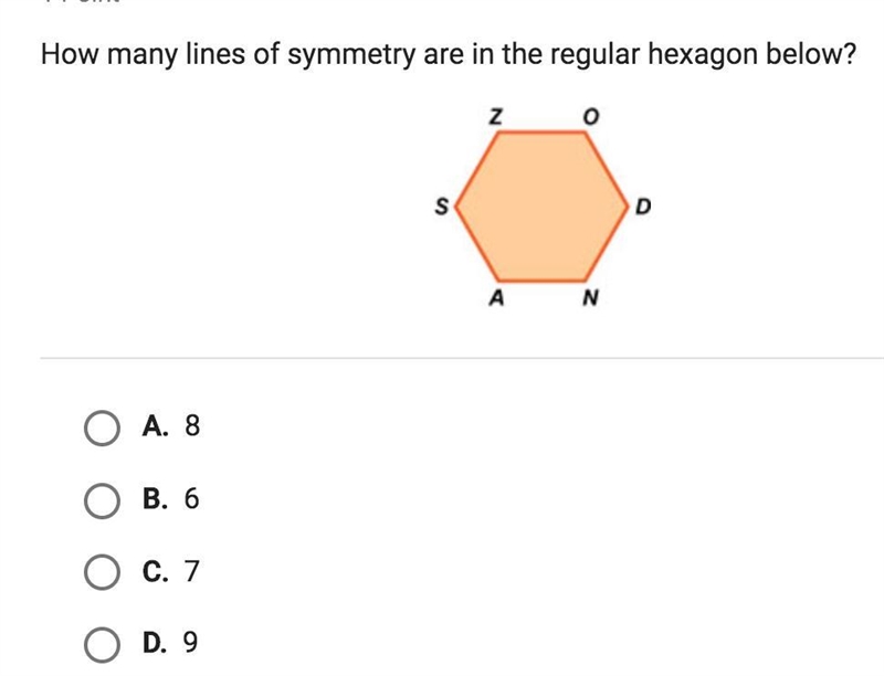 How many lines of symmetry are in the regular hexagon below?-example-1