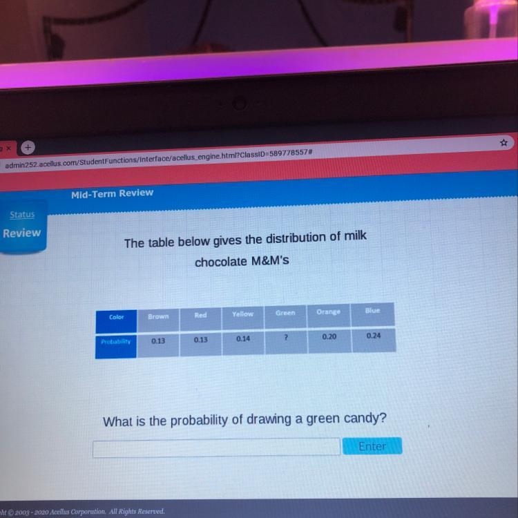 The table below gives the distribution of milk chocolate M&M's Color Brown Red-example-1