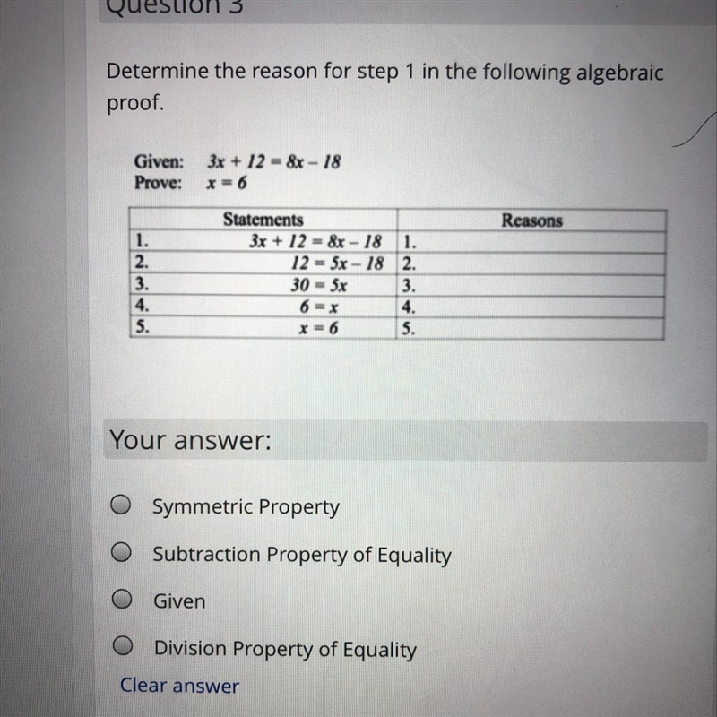 Determine the reason for step 1 in the following algebraic proof.-example-1