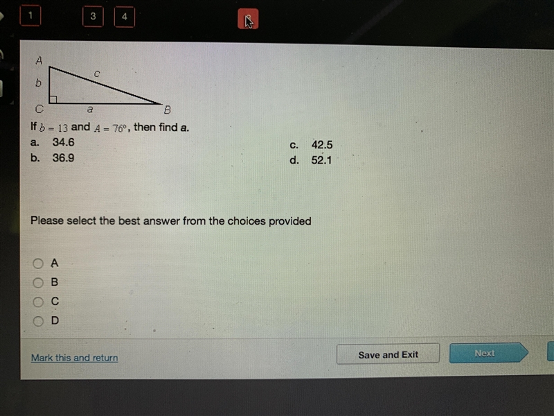 If b=13 and A=76 degrees, then find a.-example-1