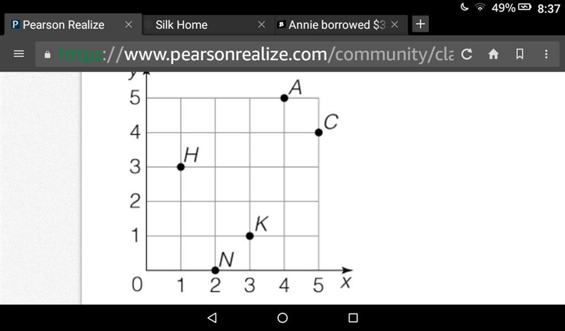 Name the ordered pair for point H. A coordinate plane. Point H is at the intersection-example-1