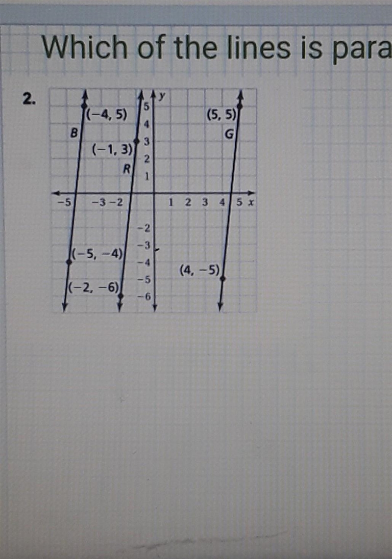 Question : WHICH OF THE LINES IS PARALLEL ? HOW DO YOU KNOW ? ​-example-1