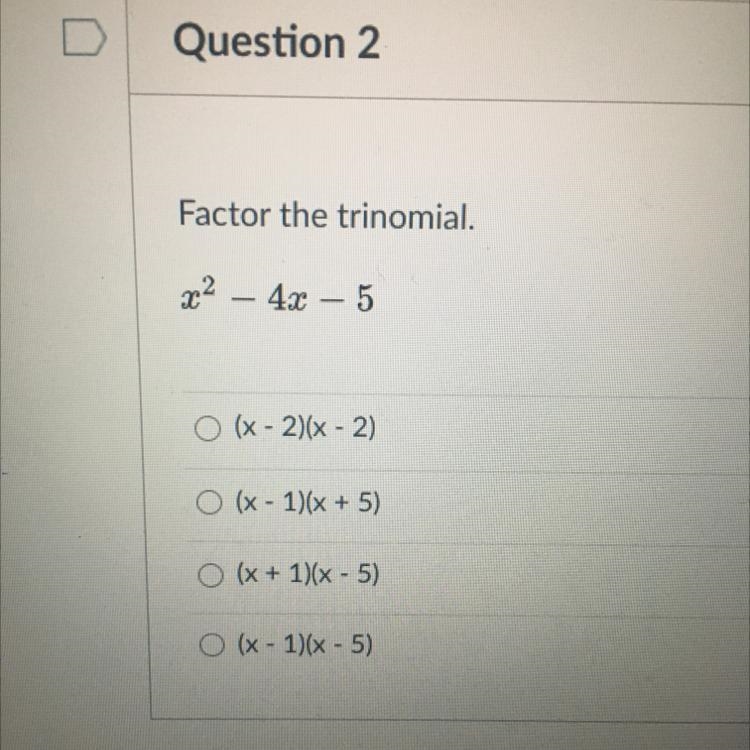 Factor the trinomial. x^2-4x-5-example-1