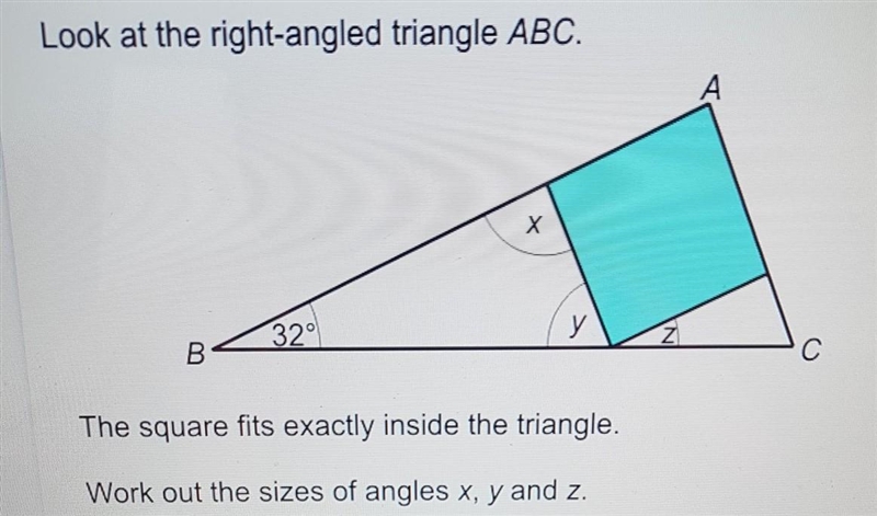 Look at the right-angled triangle ABC. A 320 B С The square fits exactly inside the-example-1