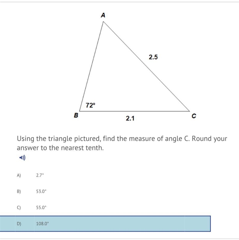 Using the triangle pictured, find the measure of angle C. Round your answer to the-example-1