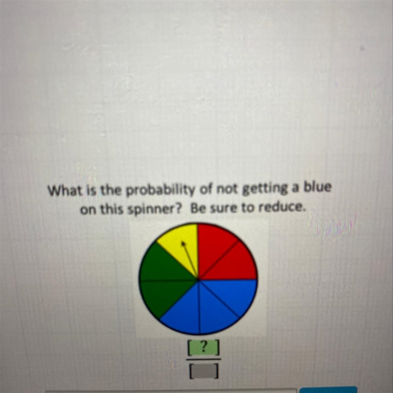 What is the probability of not getting a blue on this spinner? Be sure to reduce. [?]-example-1