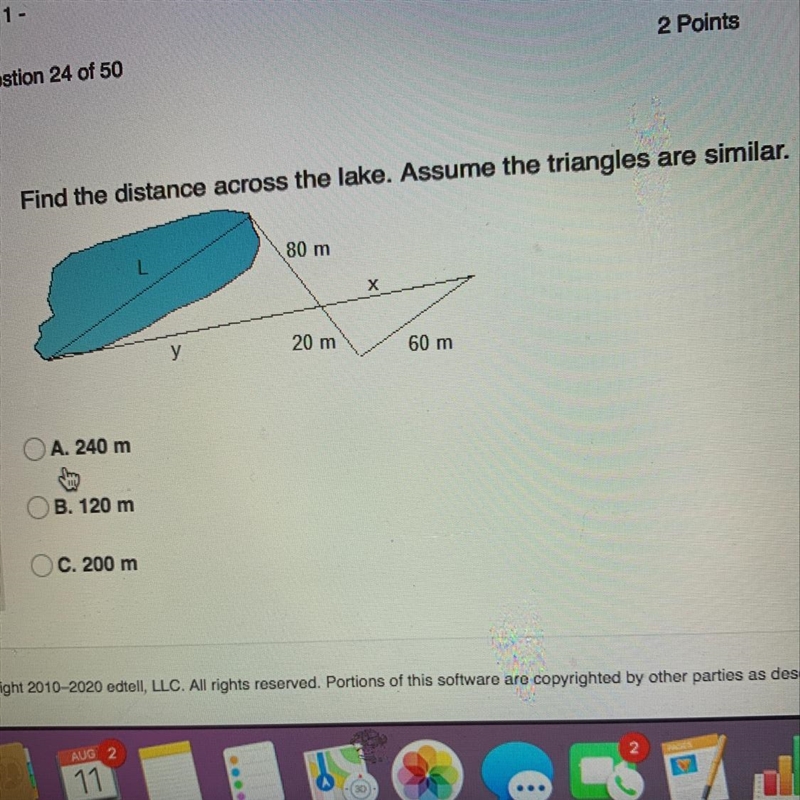 Find the distance across the lake. Assume the triangles are similar. 80 m х у 20 m-example-1