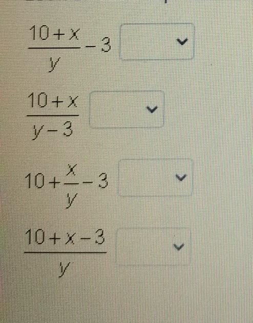 Look at each expression. is it equivalent to "the quotient of 10 plus x and y-example-1