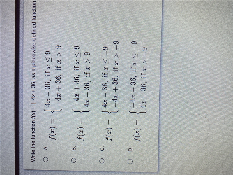 Write the function f(x) = |-4x+36| As a piecewise-defines function.-example-1