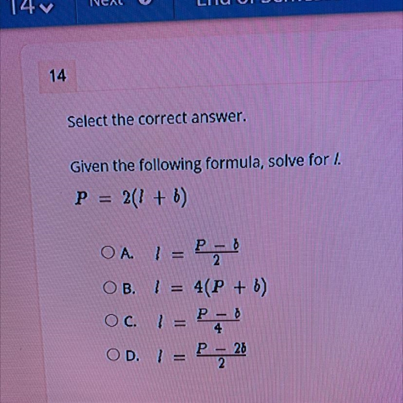 Given the following formula, solve for l. P=2(l+b)-example-1