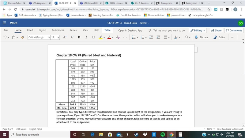 Chapter 18 CW #4 (Paired t-test and t-interval) Directions: You may type directly-example-1