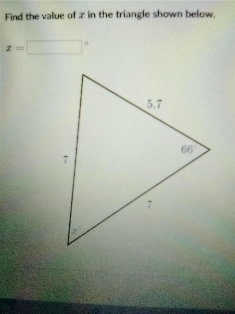 Find the value of x in the triangle shown below.-example-1