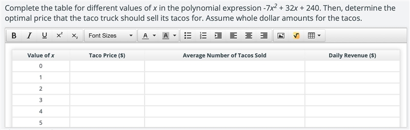 Complete the table for different values of x in the polynomial expression -7x2 + 32x-example-1