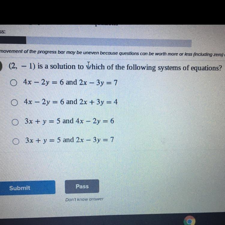 (2, -1) is a solution to which of the following systems of equations?-example-1