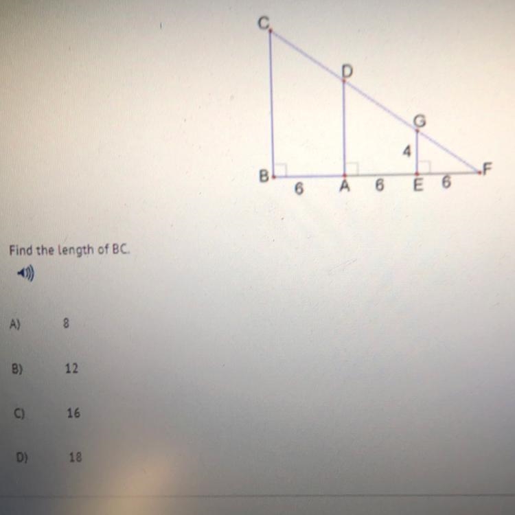 Find the length of BC. A)8 B)12 C)16 D)18-example-1