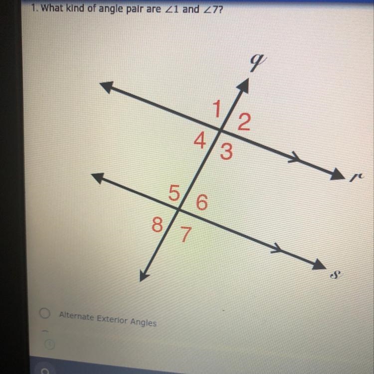 The answers Alternate exterior angles Corresponding angles Same-side interior angles-example-1