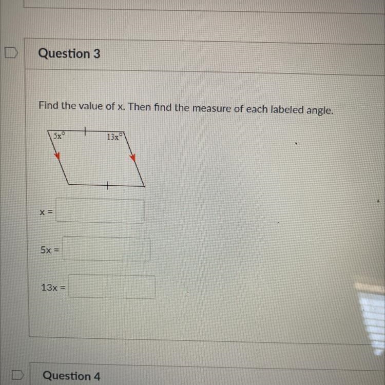 Find the value of X. Then find a measure of each labeled angle. x= 5x= 13x=-example-1