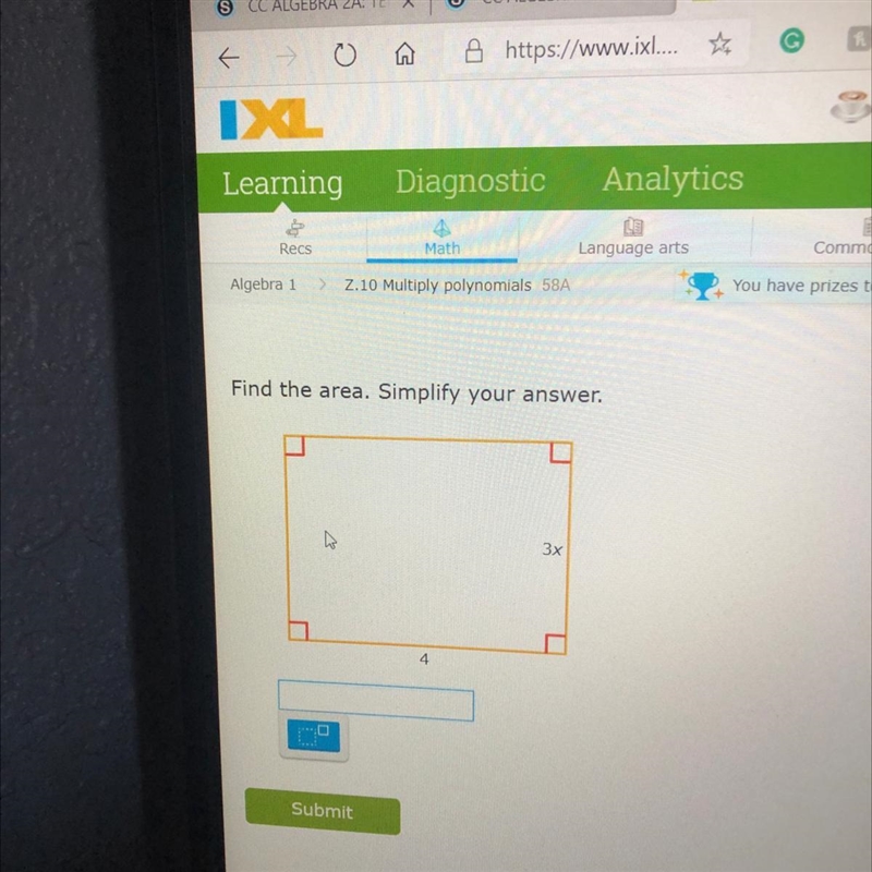 Find the area. Simplify your answer. 3x 4 Help-example-1