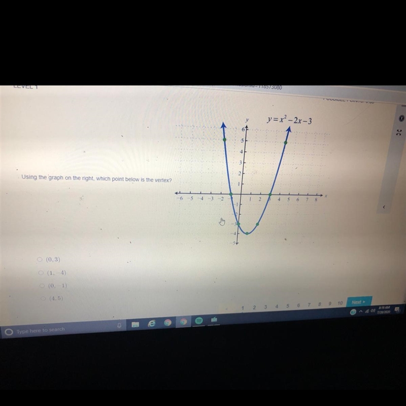 Using the grapgh on the right which point below is the vertex-example-1